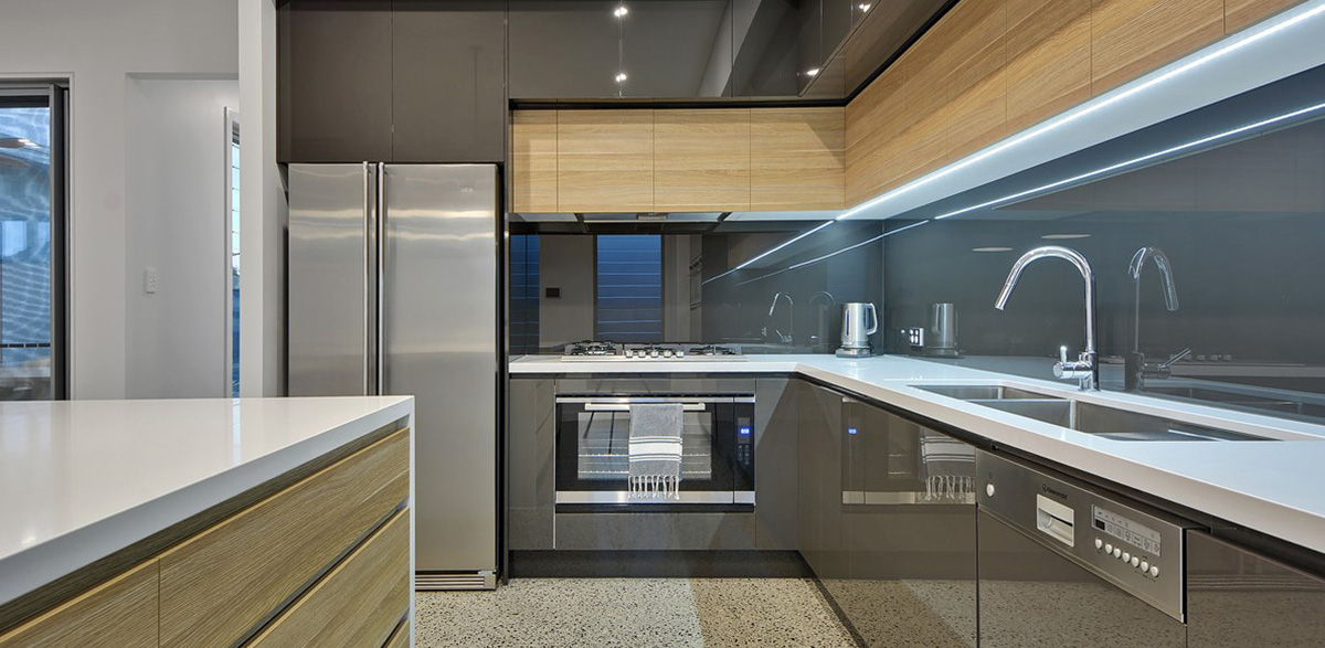 gray and brown kitchen cabinets